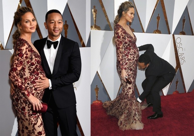  Bà bầu xinh đẹp Chrissy Teigen thướt tha trong chiếc váy đuôi cá thêu hoa gợi cảm của thương hiệu Marchese sánh bước bên ông xã John Legend trên thảm đỏ Oscars 2016. Đây là một trong những bộ váy bầu đẹp nhất trong lịch sử  thảm đỏ Oscars 2016.